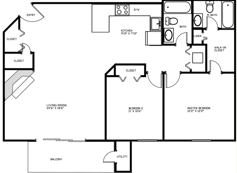 Floor plan for 2 beds, 2 baths, 1030 sqft